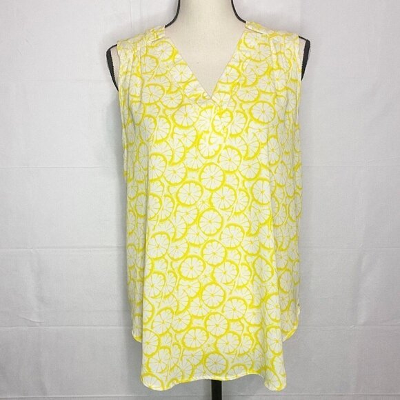 41 Hawthorn Medium Yellow Lemon Slice Sleeveless Pleated Top V-Neck Shirt - Picture 1 of 6